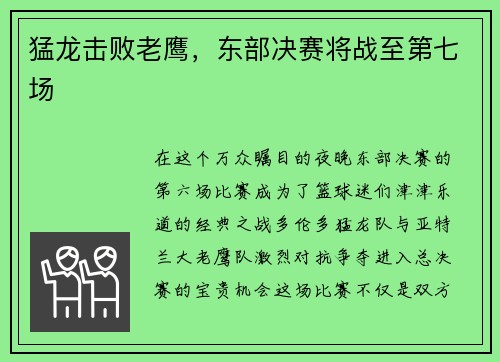 猛龙击败老鹰,东部决赛将战至第七场